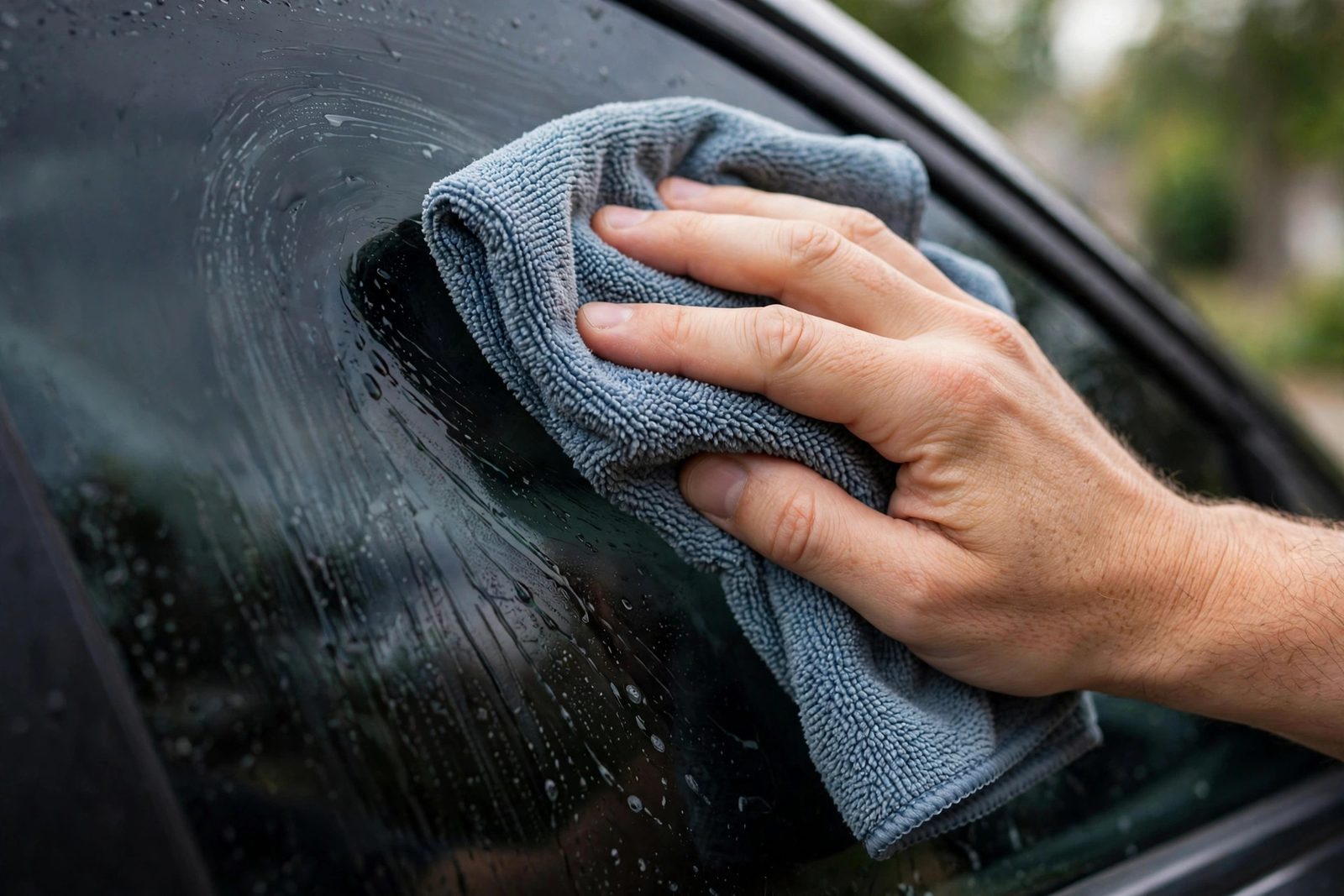 Hand cleaning tinted car window with a microfiber towel and ammonia-free spray