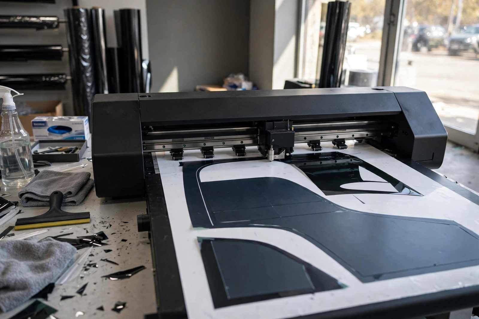 Computer plotter cutting window film patterns at a Snellville tint shop