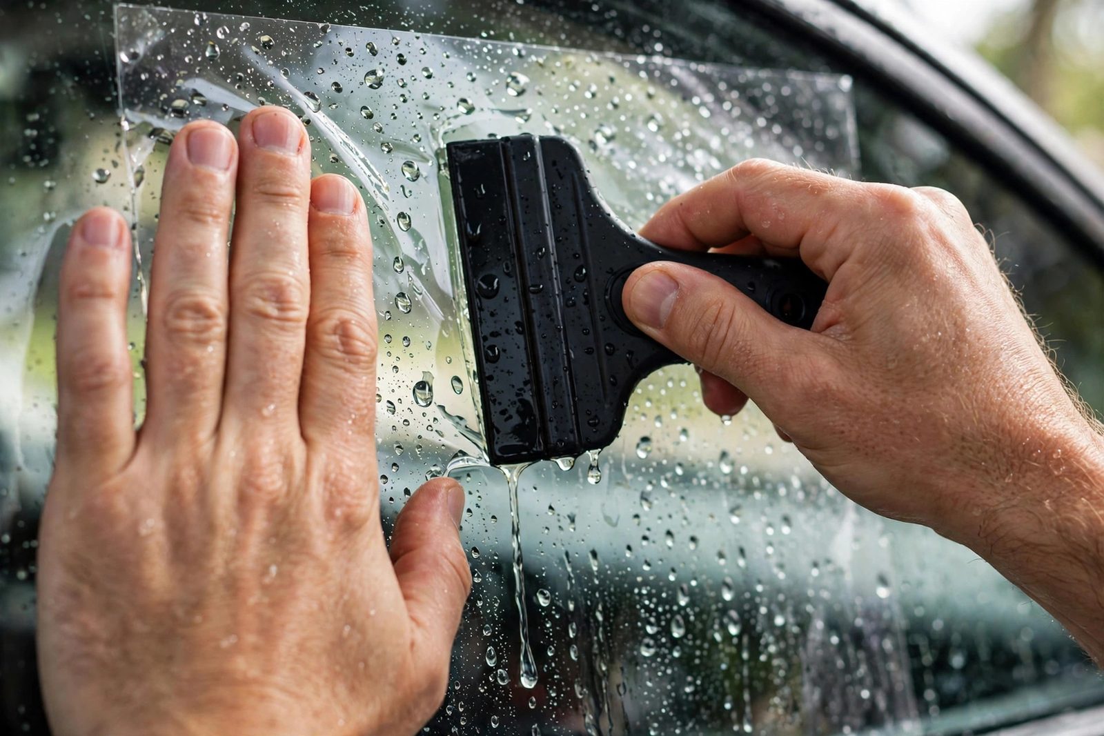 Close-up of a squeegee smoothing window film during a car tint install