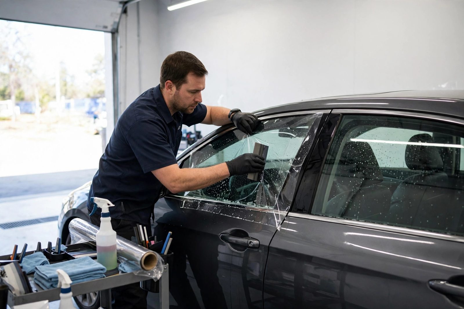Ceramic film being installed on an electric vehicle window in Snellville
