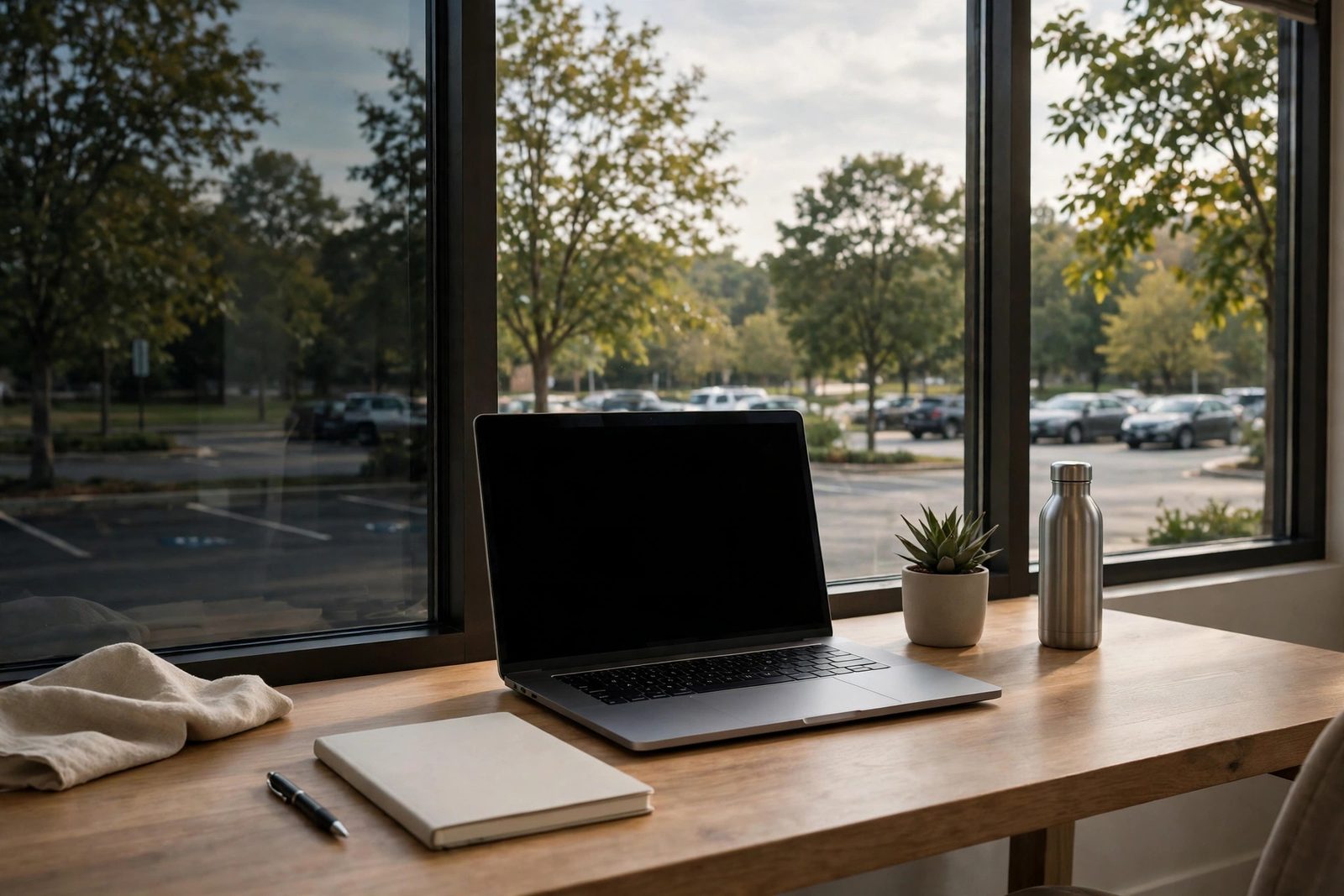 View from a Snellville office through filmed windows on a bright afternoon