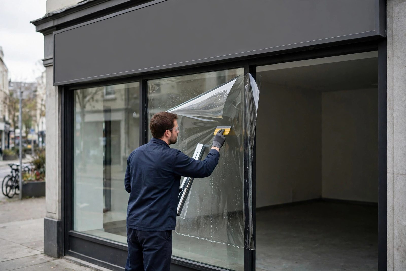 Window film being installed on a retail storefront pane in Snellville